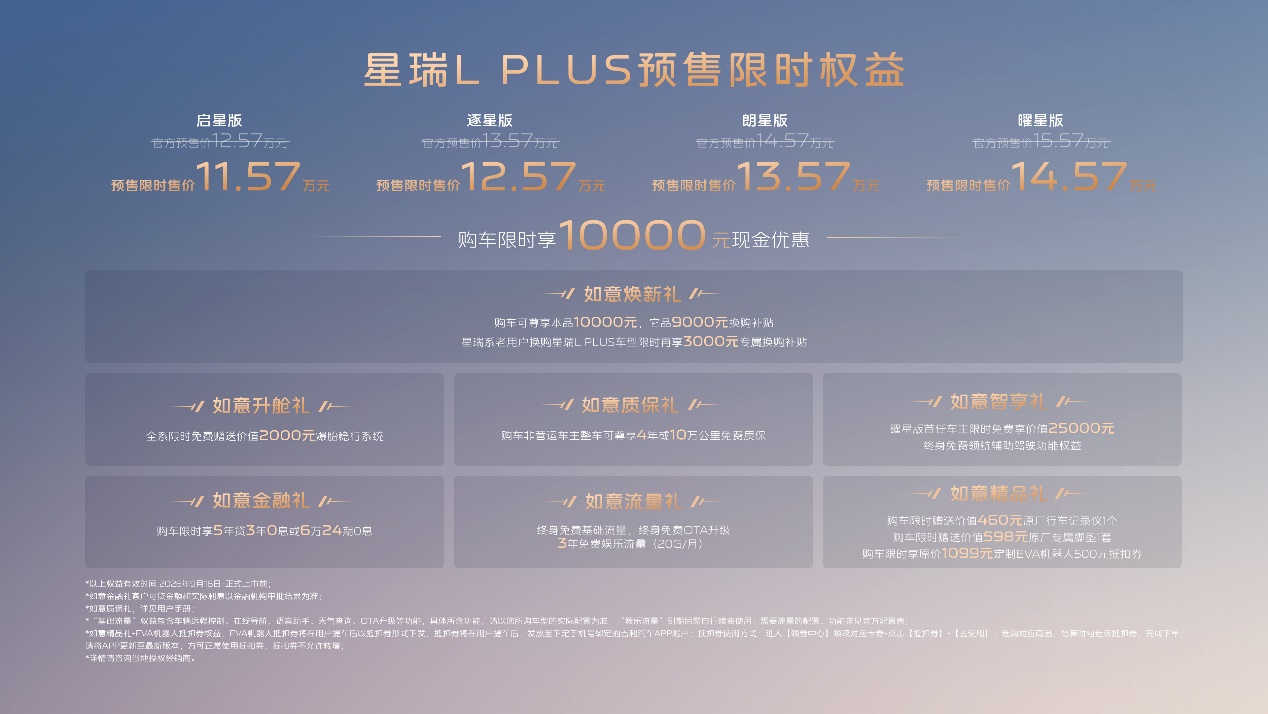 燃油轿车首发激光雷达，支持城市NOA！星瑞L PLUS预售限时价11.57万元起